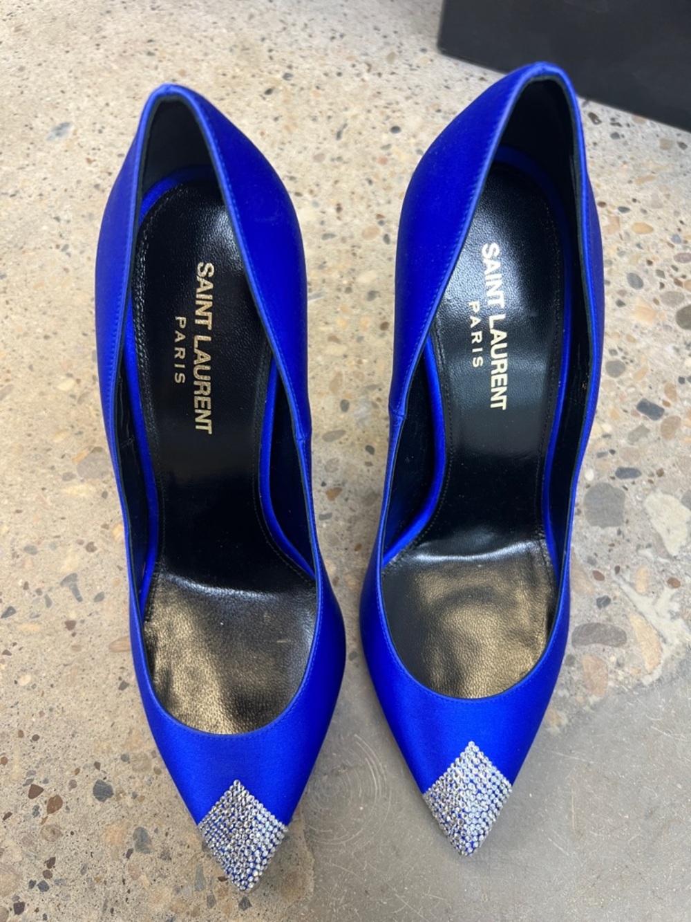 Saint Laurent Cobalt Blue Satin Pointed-Toe Pumps with Crystal Tips - Picture 5 of 6